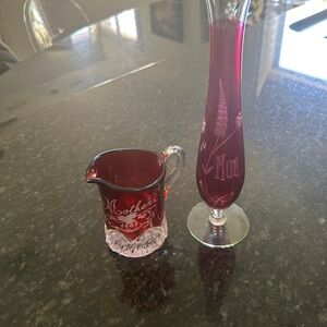 Vintage 2 pieces ruby etched flash MOM vase & Mother 1907 pitcher